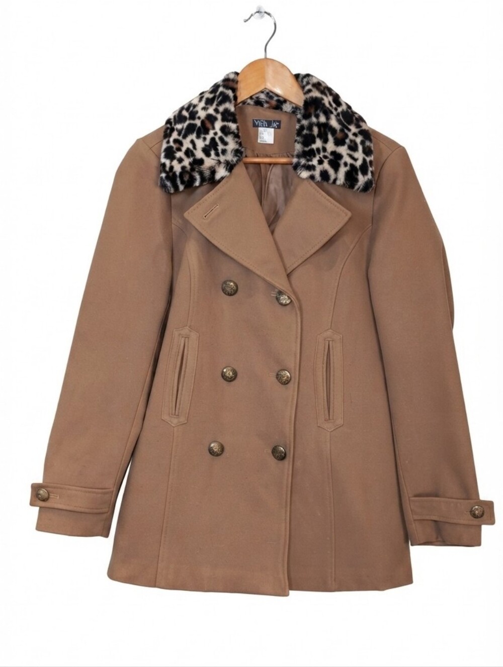 Venus Camel Double Breasted Coat Leopard Faux Fur Collar Womens Size Medium